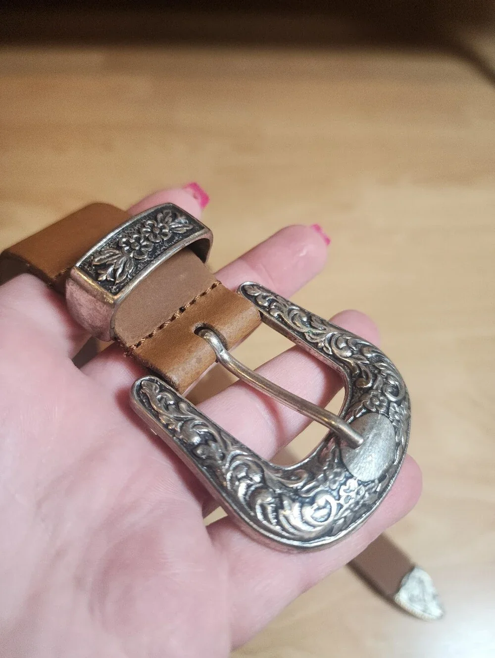 Yourturn Genuine Leather Brown Belt Silver Floral Metal Buckle 37